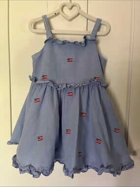 Janie and Jack Americana Light Blue Chambray Dress with U.S. Flags Embroidery